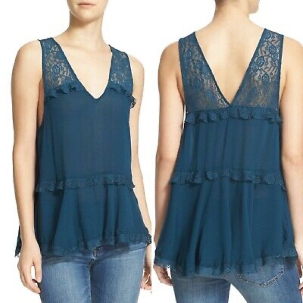 Free People Intimately Teal Blue Lace Trapeze Top
